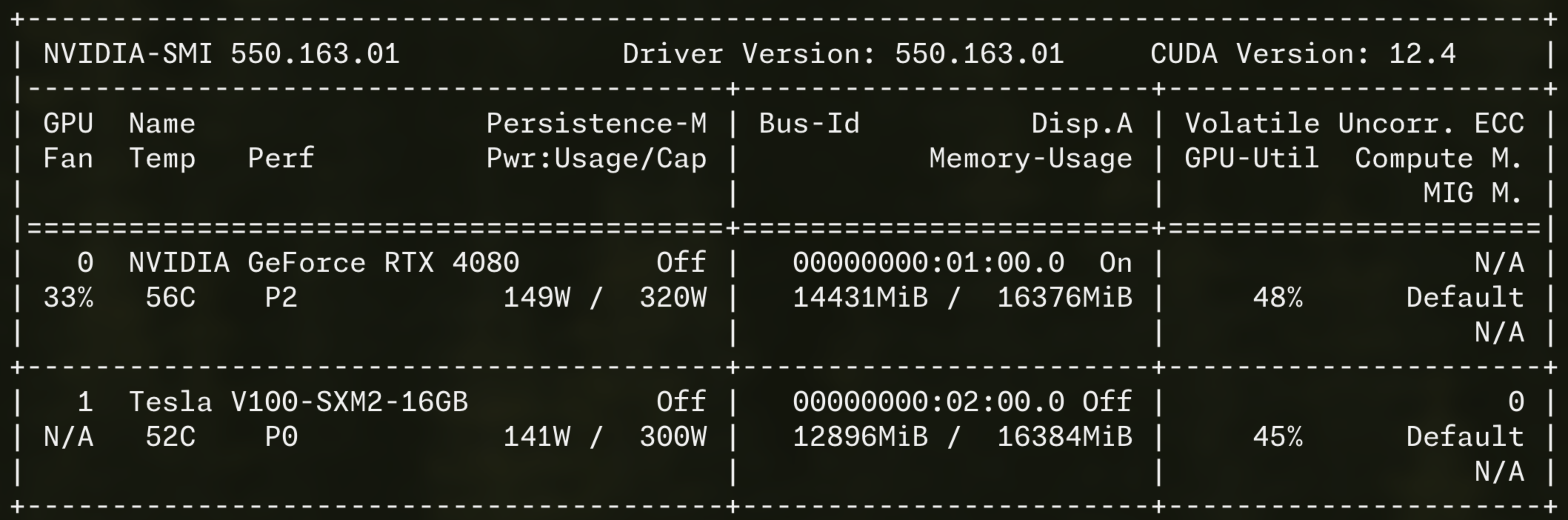 nvidia-smi showing both GPUs
