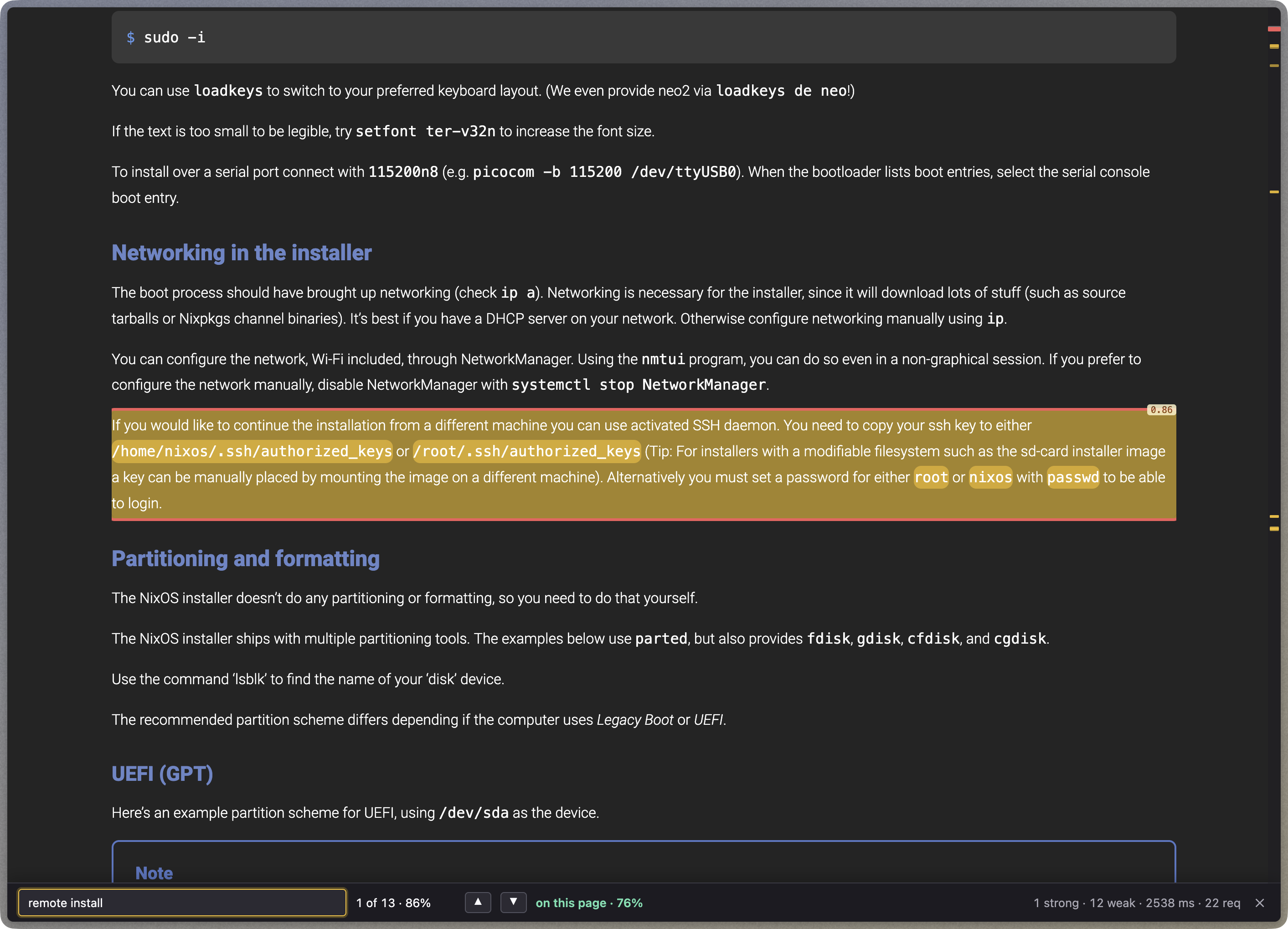 Searching for “remote install” on the NixOS manual with Hunch