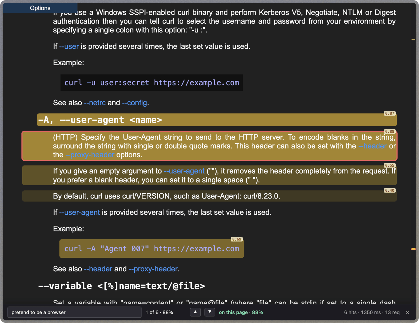 Hunch searching the curl manual for “pretend to be a browser” and highlighting the –user-agent option at 88%