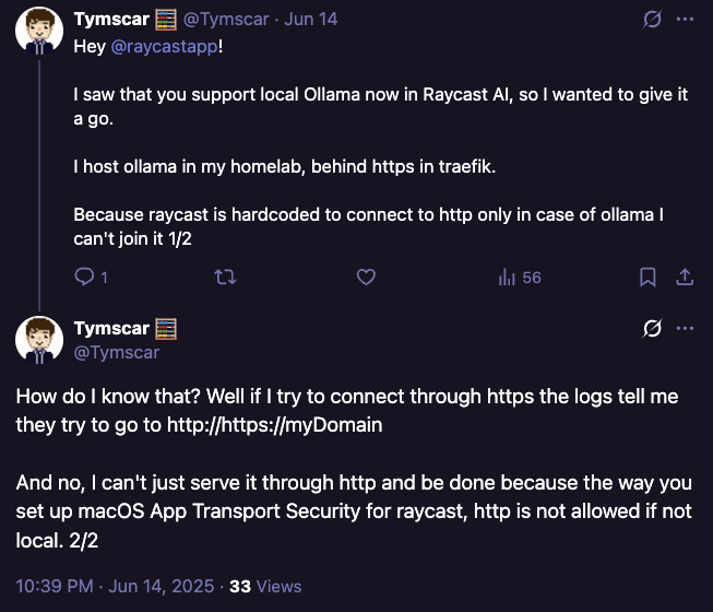 Old Raycast HTTPS issue tweet