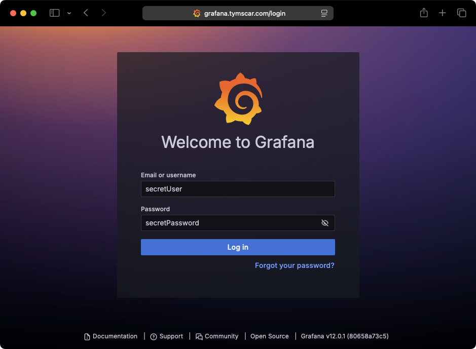 “Logging into Grafana with the secret details”